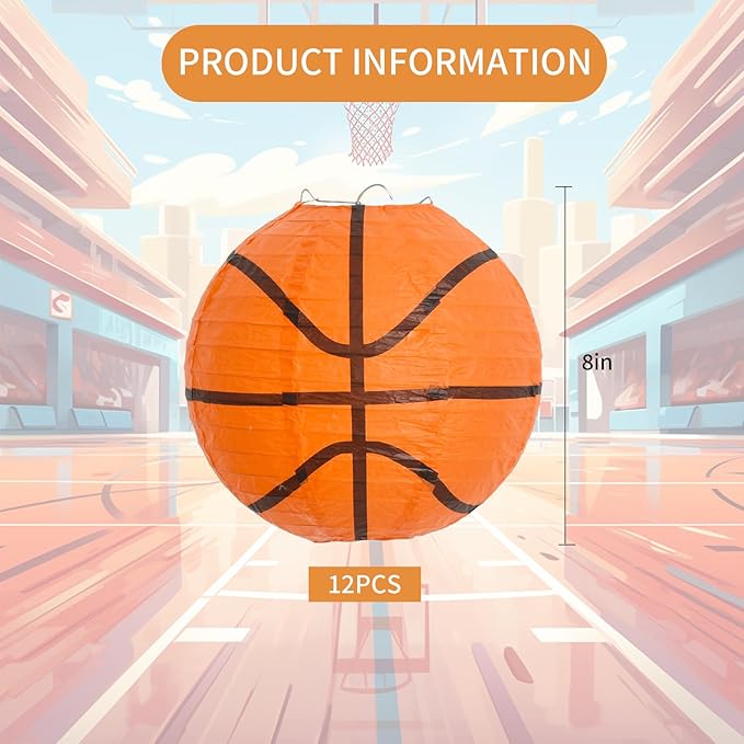 BEISHIDA 8-Inch Basketball Paper Lanterns Decorative Chinese/Japanese Hanging Round Paper Lanterns Lamp for sports party, Sport Themed Birthday Bar Basketball Game Party Decoration (12 Packs)