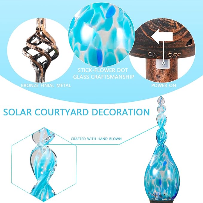 Naboher Solar Garden Lights Outdoor, Decorative LED Flame Garden Stakes, Hand Blown Glass and Outdoor Waterproof Glass Stakes (Light Blue)
