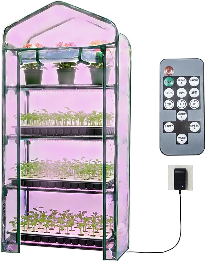 Mini Greenhouse with Grow Light , 4 Tier 27.2" L×19.9" W×61.8" H Portable Greenhouse with Zippered PVC Cover for Seed Starting Trays , Dimmable 2ft 60W Plant Light for Indoor Plant with Timer