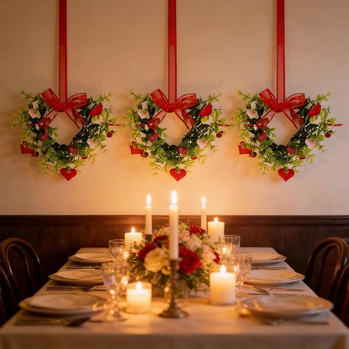 6 Sets Valentine's Day Heart Wreath Artificial Red Berries Heart Swag Kitchen Cabinet Wreaths Hanging Valentines Day Wreaths for Front Door Window Wedding Birthday Home Decoration
