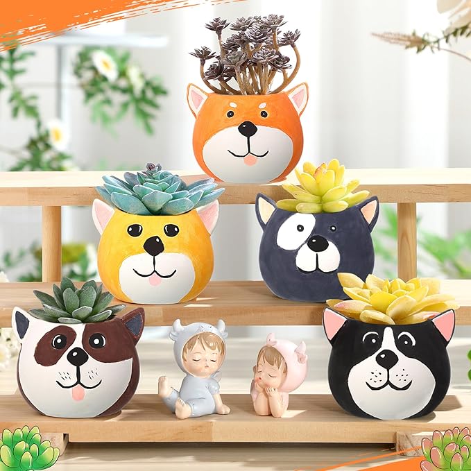 Pasimy 6 Set Ceramics to Paint DIY Ceramic Succulent Planter Pots Paint Your Own Flower Pots Craft Kit Unpainted Bisque Flowerpot with Brush Palette for Family Activity Holiday Gifts(Dog)