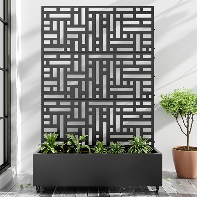 Casaphoria Metal Raised Garden Bed with Trellis and Wheels, 72"x47"x16" Planter Box for Climbing Plants, Vegetables & Vines, Features Drainage Holes and Privacy Screen (Black-Helen)