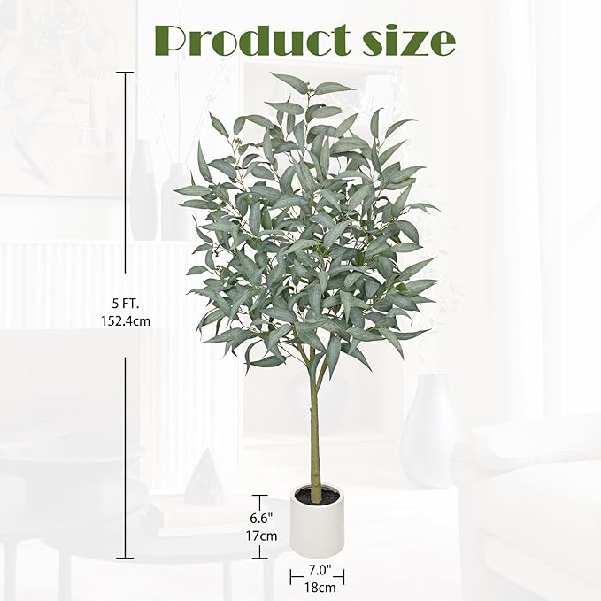 Artificial Eucalyptus Tree in White Pot – 5FT Faux Indoor Plant for Home Décor, Modern Greenery for Living Room, Bedroom, Office – Realistic Silk Leaves, Minimalist Planter