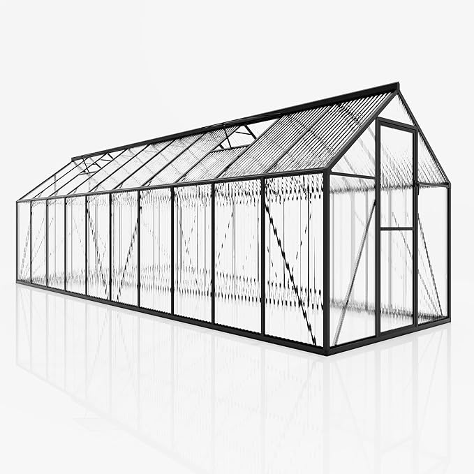 AMERLIFE 6x20 Ft Polycarbonate Greenhouse for Outdoors, Walk-in Design with Aluminum Frame, 2 Windows and Swing Door, Heavy-Duty Greenhouse Construction for Garden, Black