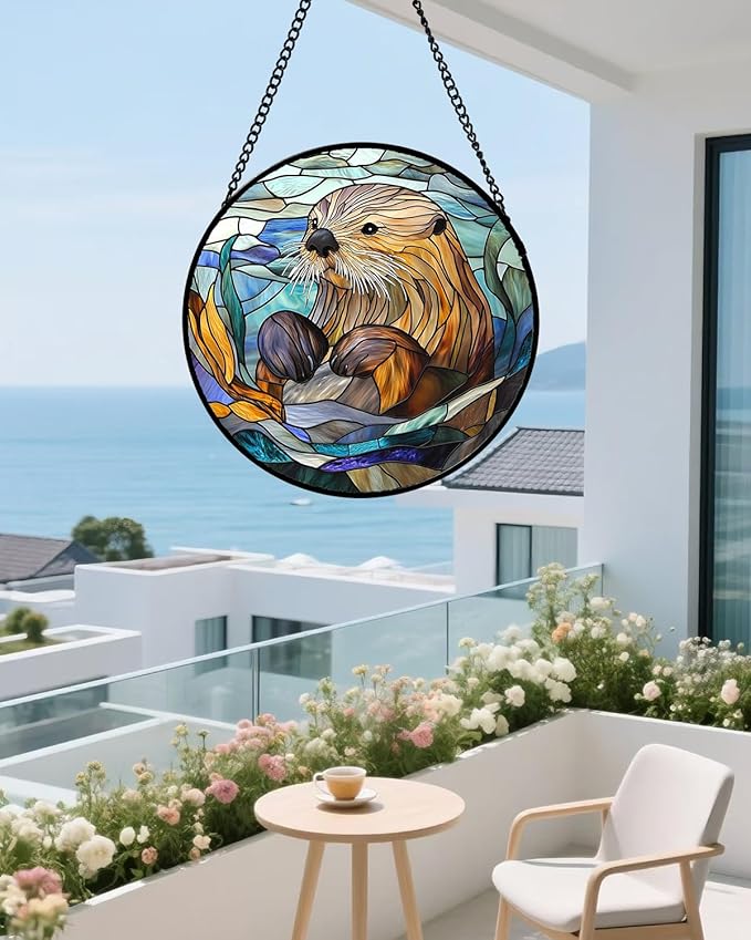 AMDERVEN Stained Glass Suncatcher, Blue Ocean Cute Sea Otter Sun Catcher Stain Glass Window Hanging Decoration Mother's Day Birthday Gifts for Women Men Mom Nana 7.8 in