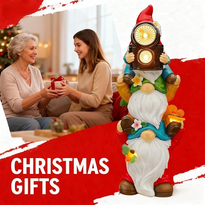 Funny Photography Garden Gnomes Statue, Solar Christmas Gnomes Outdoor Decor for Yard, Lawn, Patio, Porch, Unique Xmas Birthday Housewaming Gifts,12 Inch, Resin