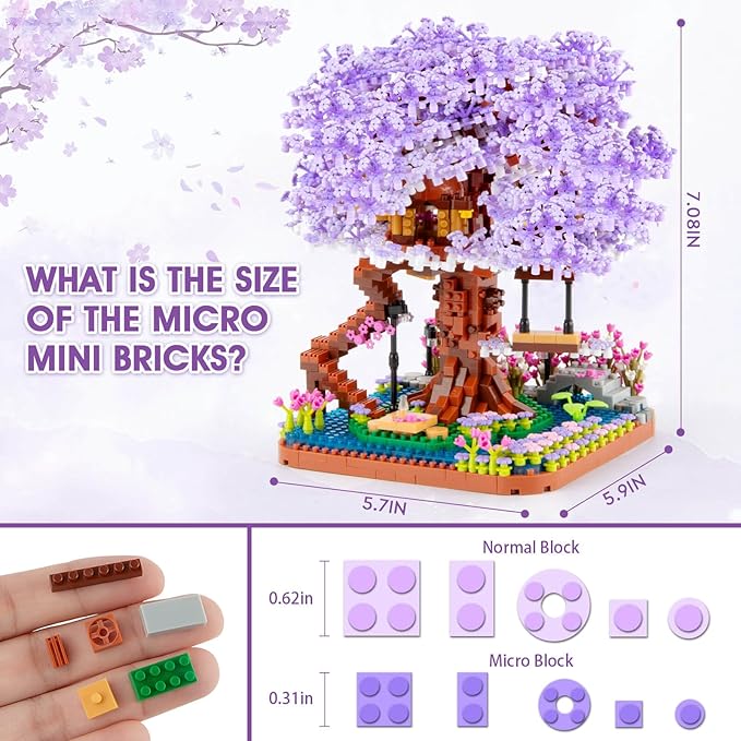 Vziimo Cherry Blossom Bonsai Tree Building Set, Flowers Tree House Model Sets for Adults, 2200Pcs Micro Bricks Collectible Creative Gifts for Adults Girls Boys 14+
