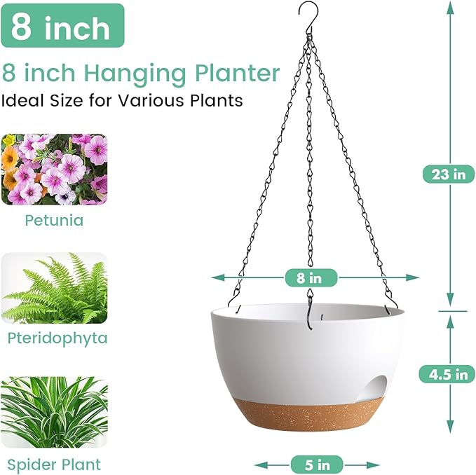 UOUZ 4 Pack 8 Inch Self Watering Hanging Planters for Indoor Outdoor Plants，Hanging Pots for Plants with Drainage Removable Tray, Hanging Baskets Flower Pots for Pothos Garden Porch White with Brown