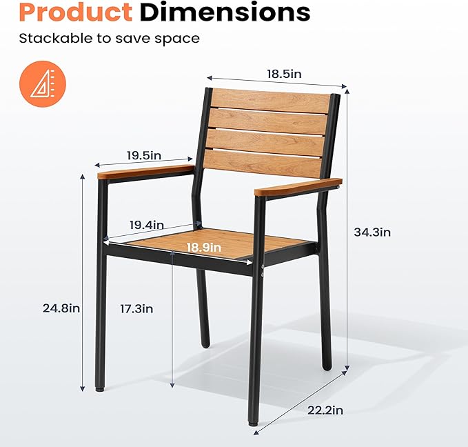 Pellebant Stackable Outdoor Dining Chairs Set of 2, Aluminum Patio Chairs with Arms, All-Weather for Garden, Lawn, Deck, Porch and Yard, Brown