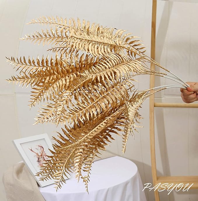 PASYOU Artificial Plants Christmas Decor, Gold Fake Flowers Shrubs Plastic Grass Leaves Indoor Outdoor Home Garden Party Hotel Verandah Wedding Event Faux DIY Decoration - 30 Inch Golden 2 Bunches