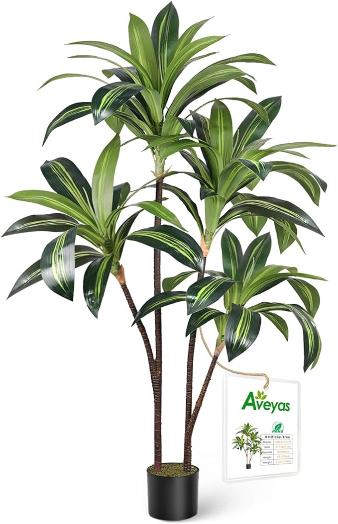 Aveyas 4ft Artificial Dracaena Tree for Home Decor, 4 Feet Real Touch Large Faux Plant Fake Silk Floor Trees with Pot for Indoor Outdoor House Living Room Office (4 ft Tall)