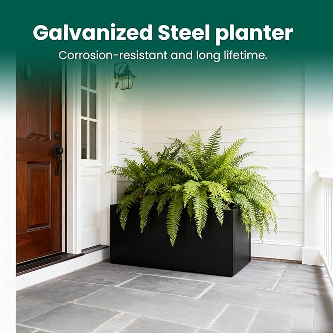 GZGNEEVL Galvanized Steel Metal Rectangular Planter Black Indoor Planter Box Steel Large Outdoor Planters 31.5" L x 16" W x 16" H Commercial Residential for Patio, Yard, Garden