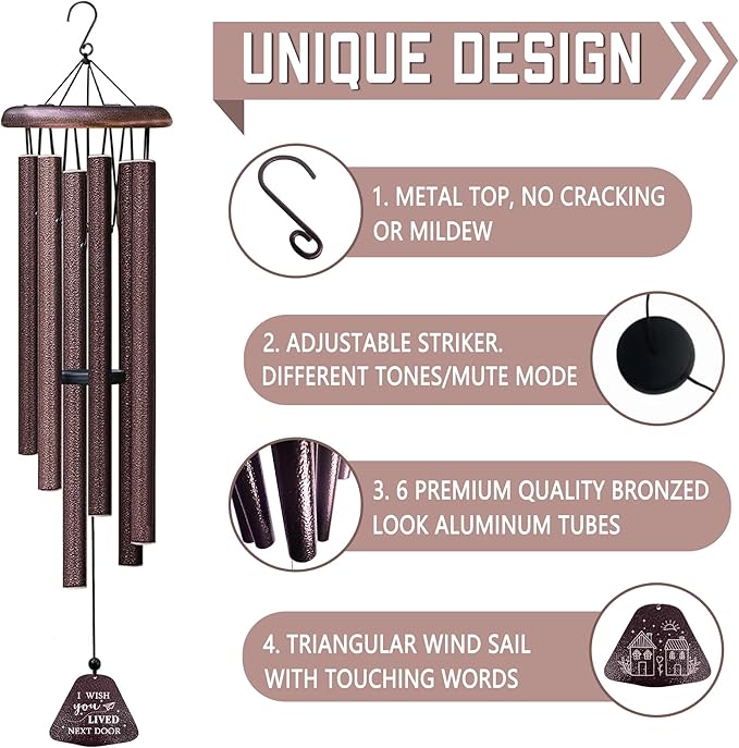 Fusui Birthday Gifts for Women Wind Chimes 32”, I Wish You Lived Next Door, Best Friend/Friendship/Bestie/Sister Gifts for Women, Christmas Anniversary Birthday Gift for Her Friend Sister Bestie Mom