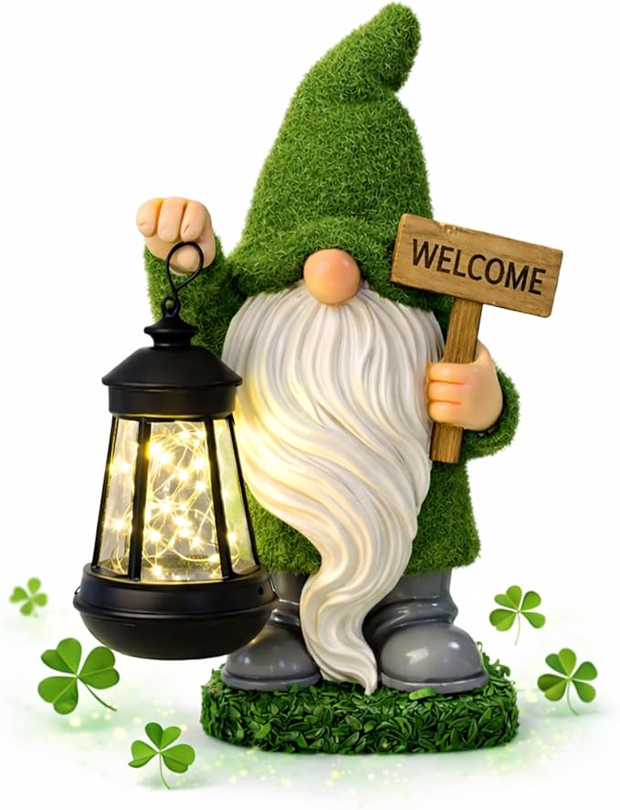 Garden Gnome Statue Solar Light Outdoor Decorations Figurine Welcome Sign with Lantern Sculpture Garden Decor Lawn Patio Yard Porch Outside Housewarming Gifts for Women Mother's Day Grandma