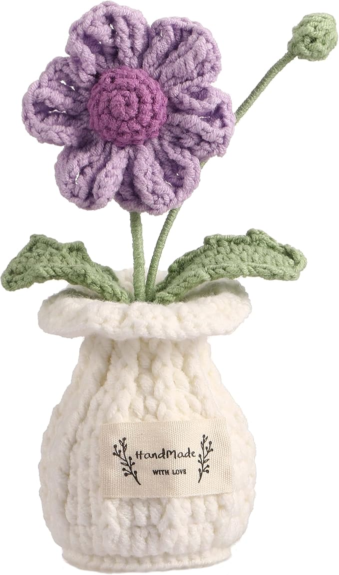 YOOJEE Daisy Crochet Flower Potted Plant – Purple, Handmade Knitted Desk Decor