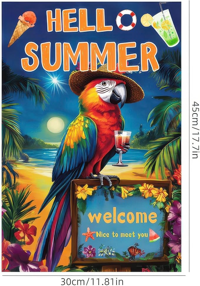 Hello Summer Garden Flag 12x18 inch Double Sided Tropical Parrot Flags Beach Welcome Themed Banner Colorful Summer Outdoor Decor for Yard Patio Garden Holiday Decoration