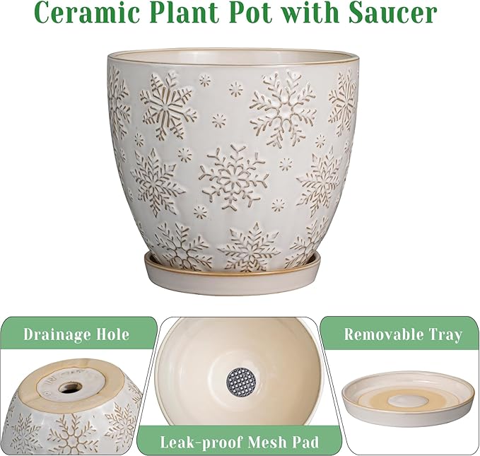 MPotTo Ceramic Planter 8 Inch Plant Pot with Drainage Hole and Saucer Ceramic Pots for Indoor Plants Outdoor Large Flower Pot for Home Decor White