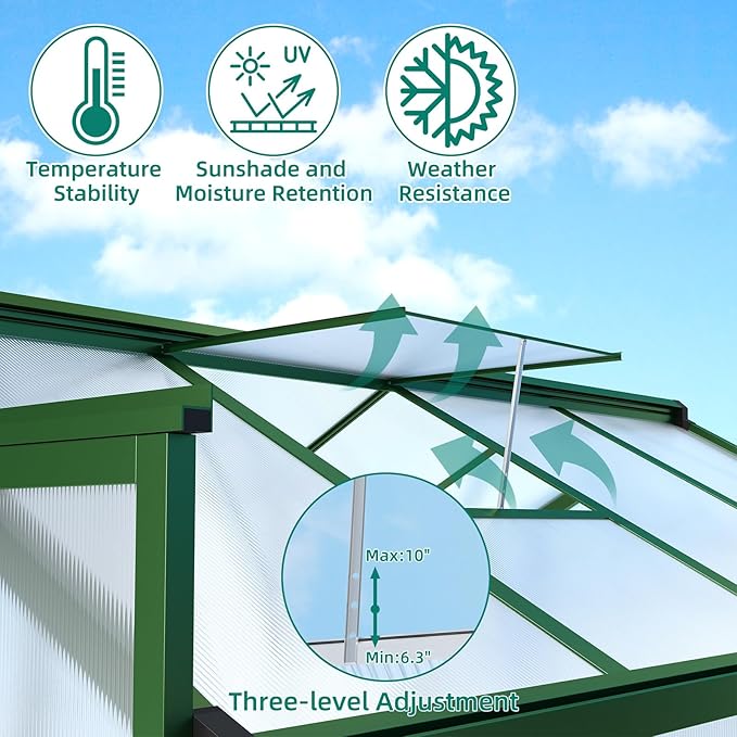 6x10 ft Greenhouse, Aluminum Frame & Polycarbonate Panel Greenhouse for Outdoors, Green House with Adjustable Roof Vent & Lockable Door, Durable Walk-in Green Houses for Backyard, Patio, Lawn