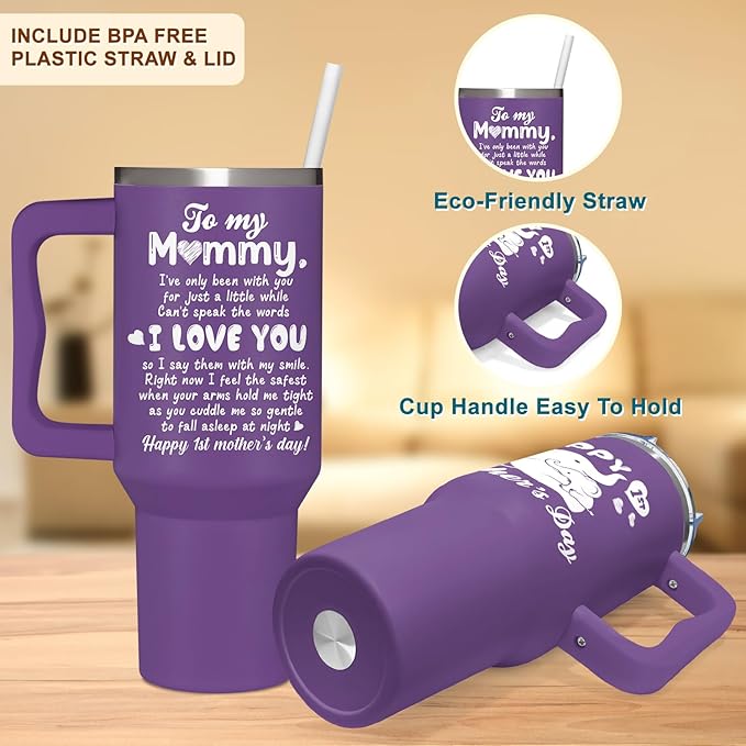 First Mothers Day Gifts For New Mom, Daughter From Baby, Sister, Son - 1st Mothers Day Gifts - First Time Mom Presents - Happy Mommy Day Gift Idea - Elephant 40Oz Tumbler With Handle Straw