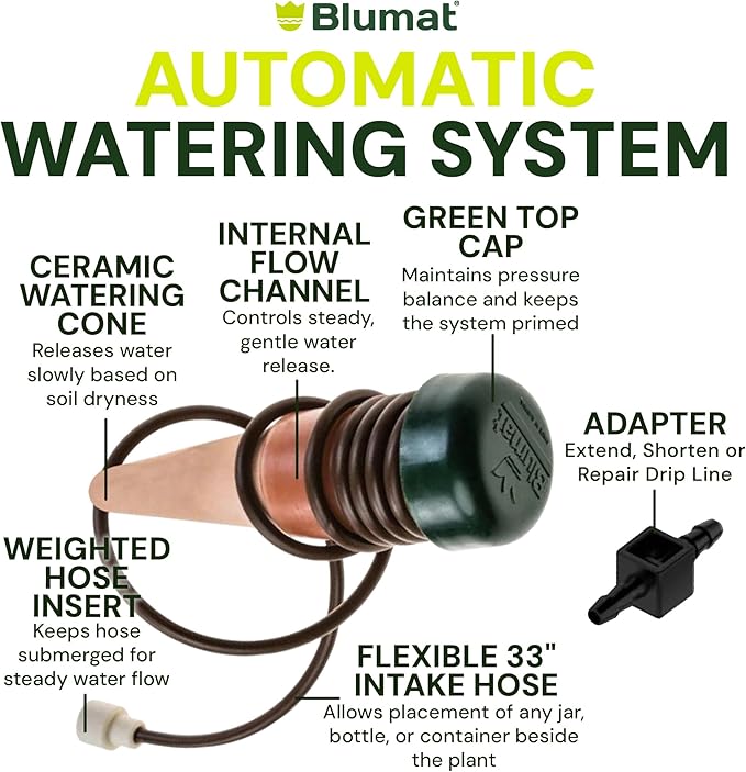 Blumat Classic Self-Watering Stakes - Automatic Drip Irrigation System for Indoor Plant Watering & Outdoor - Water Drip Solution for Potted Plants - Slow Release Stakes, 9 Pack, w Adapter