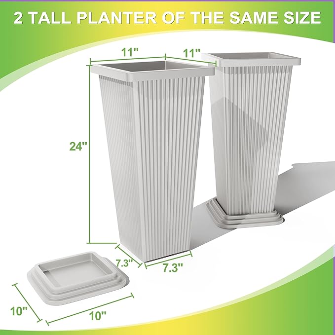 TUYOHW Set of 4 24" Tall Plastic Planters with Trays, Large Tapered Plant Pots for Indoor Outdoor Use, Modern Decorative Planters for Porch, Patio, Garden, and Backyard