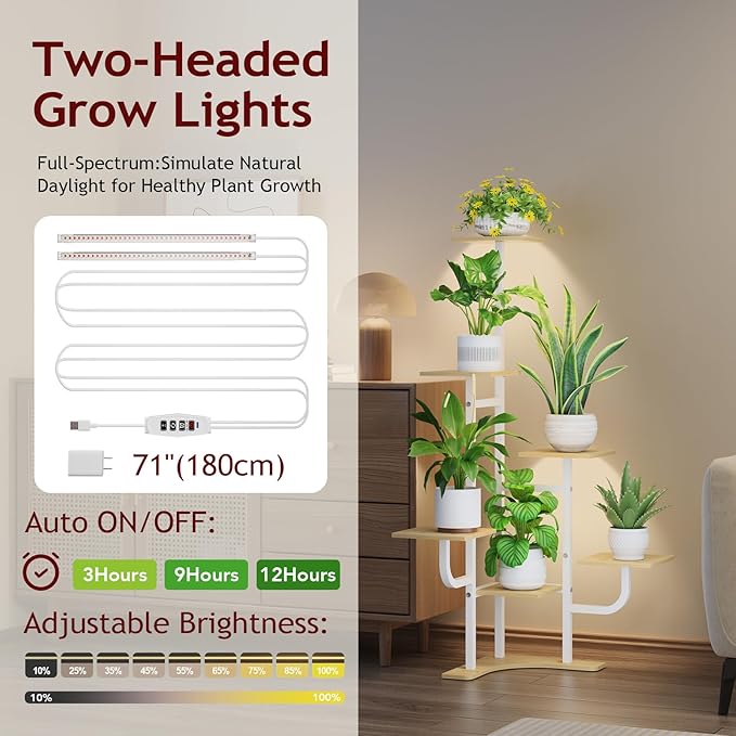 Homsorout Corner Plant Stand with Grow Light - 6 Tier Plant Stand Indoor Square Metal Plant Shelf with Adjustable Light, Plant Organizer for Living Room, Graden, Home Decor (Maple)