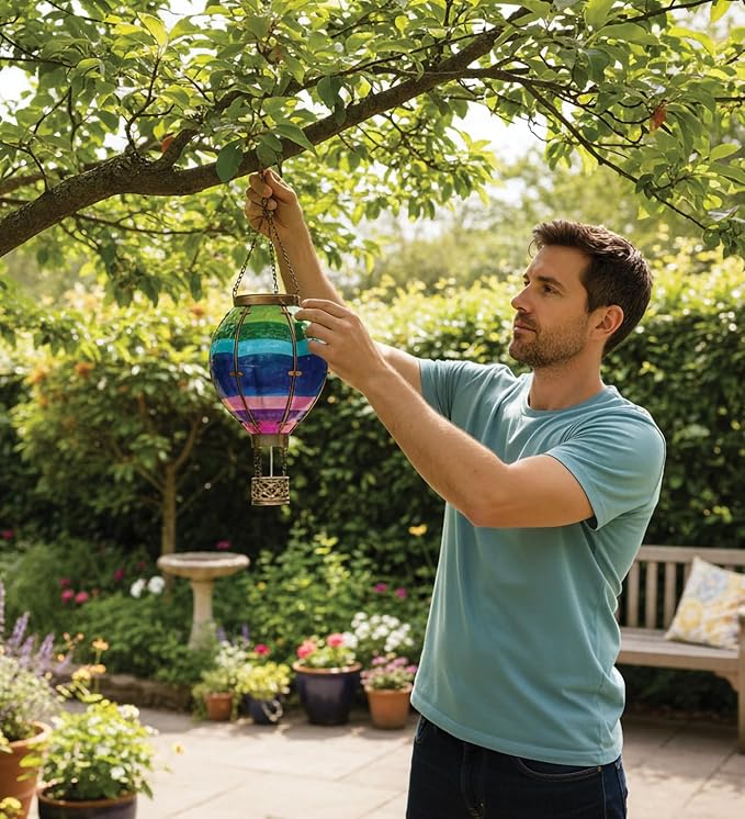 Regal Art & Gift Hot Air Balloon Solar Lantern – Hanging Solar-Powered LED Lights, Waterproof Portable Decorative Outdoor Lamp Made of Metal & Glass for Garden, Patios & Pathway – Stripe (Small)