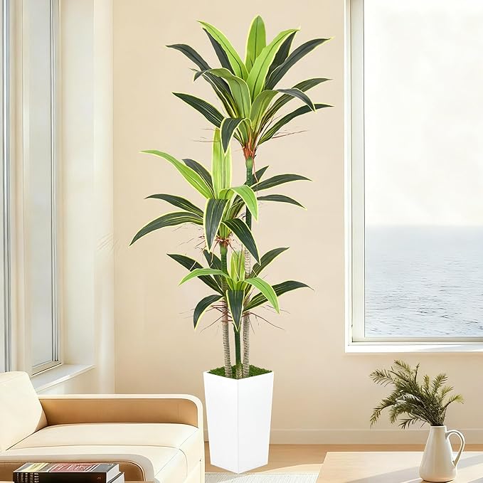 Aritificial Dracaena Tree 6FT Faux Floor Plant in Tall White Pot with Realistic Trunks and 46 Leaves Fake Tropical Yucca Plant for Home Office Decor Indoor Housewarming