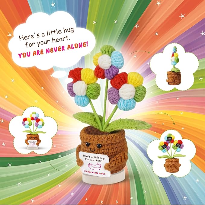 penzoos Hug Daisy – Handmade Crochet Support Flower, Colorful Knitted Plant with “Here’s a Hug” Card, Gift for Birthday, Graduation, Get Well, Holidays & Encouragement