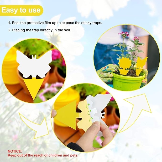100 Pcs Sticky Traps for gnat, Yellow Stick Traps for Plants, Fungus gnat Trap Double Side with Shovel, Indoor Safe for Gnat, Fruit Fly, White Fly, Aphid, Leaf Miner
