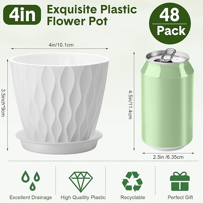 Acellegic 48 Pack 4 Inch Small Pots for Succulents, Waffle Texture Pots with Tray, Plastic Planter with Drainage Holes and Saucers, for Indoor Outdoor Plants Flowers, Seedlings (White)