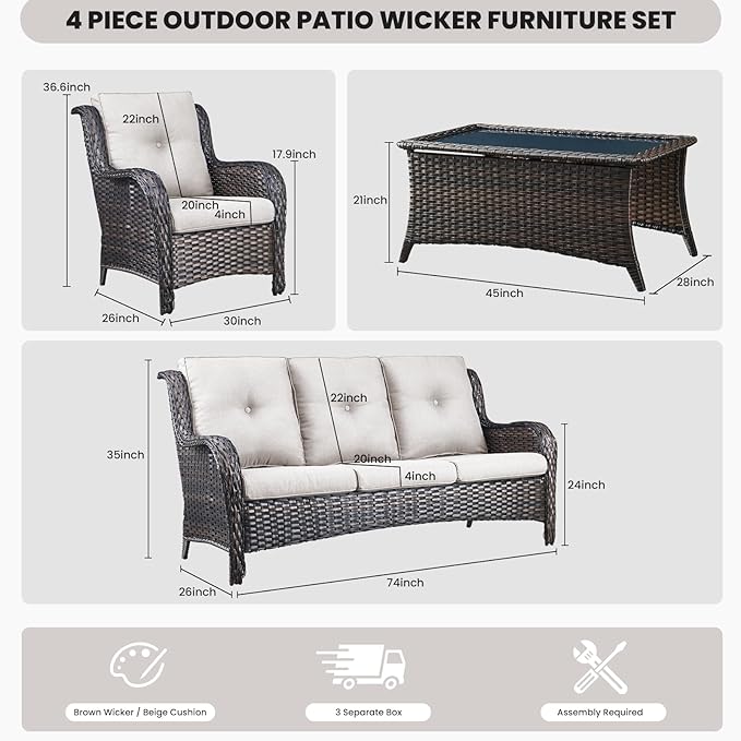 Belord Patio Wicker Furniture 4 Pieces Outdoor Furniture Set Patio Sofa Set with Wicker Chairs and Coffee Table, Paito Conversation Set for Porch Garden Deck Balcony Poolside