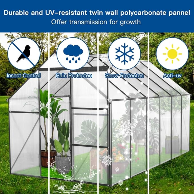 6x12 FT Polycarbonate Greenhouse Raised Base and Anchor Aluminum Heavy Duty Walk-in Greenhouses for Outdoor Backyard in All Season Black