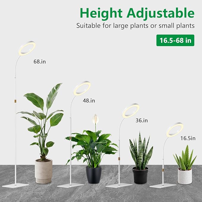 LPMZMBL One Head Grow Light for Indoor Plants Full Spectrum - Floor Standing Plant Lamp with Auto Timer 6/12/18H, 5-Level Dimmable & Adjustable Height 16.5-68in for Large Tall Plants | White