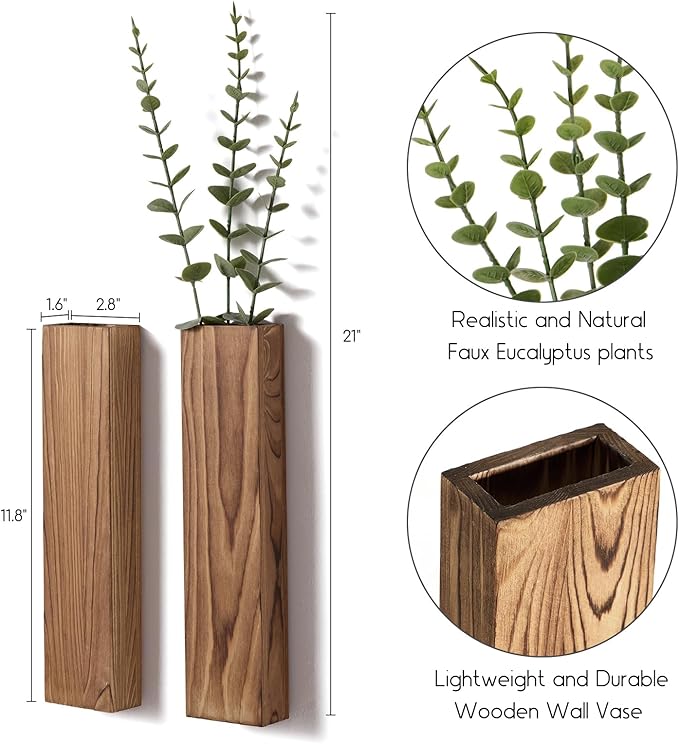 3 Pack Wooden Wall Planters with Fake Eucalyptus Stems, Modern Farmhouse Wood Vases Plants Wall Decor for Living Room, Bedroom, Bathroom (Dark Brown)