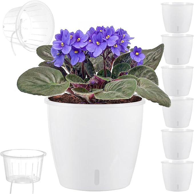 KvyusFlourish Self Watering Pots for Indoor Plants, 6-Pack 6.7'' Self Watering Planter with Drainage Holes, Small African Violet Pots with Water Indicator, Clear Wick Orchid Pot, White