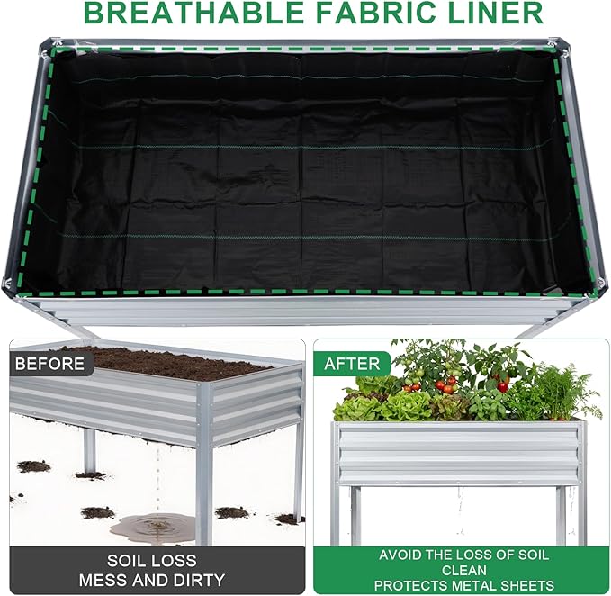 Elevated Raised Garden Bed with Legs, 48x24x32in Galvanized Planter Box Outdoor with Drainage Holes, Large Metal Raised Beds for Gardening Vegetables Herbs, Backyard, Patio, Balcony - Silver