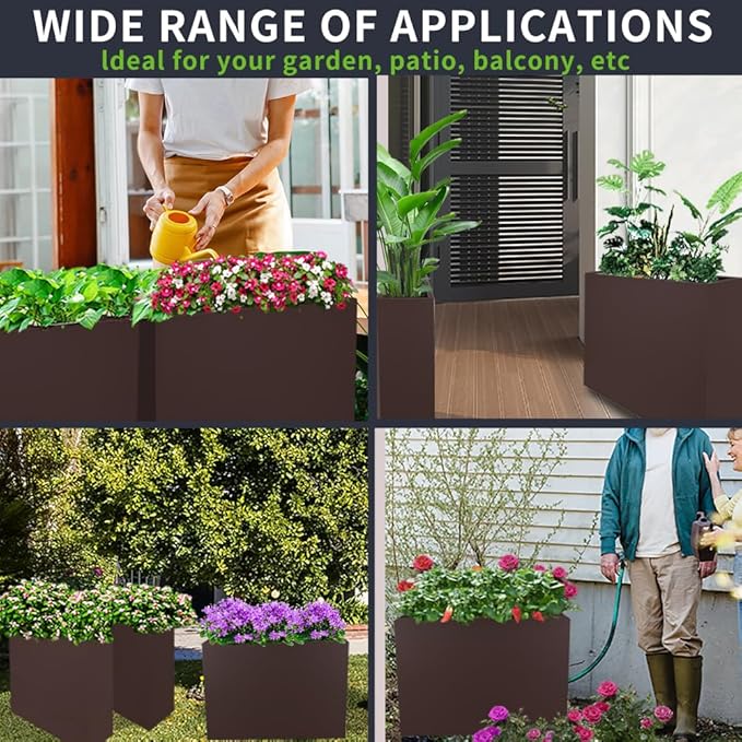 Megawodar Metal Tall Long Planter Box Large Rectangular Planter Flower Pot with Drainage Holes for Indoor Outdoor Deck Porch Garden Home Patio Front Door (Espresso, M)