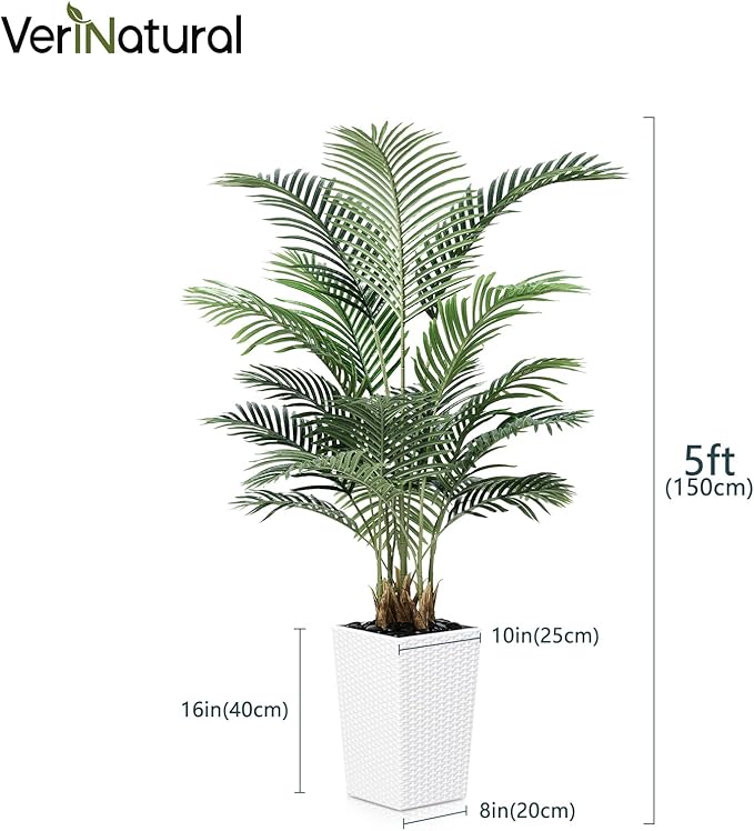 VeriNatural 5FT Artificial Palm Tree - Tall Fake Tree with White Taper Planter & Pebbles, UV Resistant for Indoor & Outdoor Decor - Large Potted Faux Plant for Living Room, Office, Home Decor,VN130