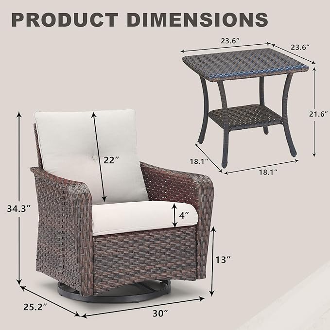 Rilyson Outdoor Patio Swivel Rocker Chairs - 3 PC Wicker Patio Bistro Sets with High Back,Comfy Cushions, Deep Seating and Side Table for Porch Deck Backyard Garden(Brown/Beige)