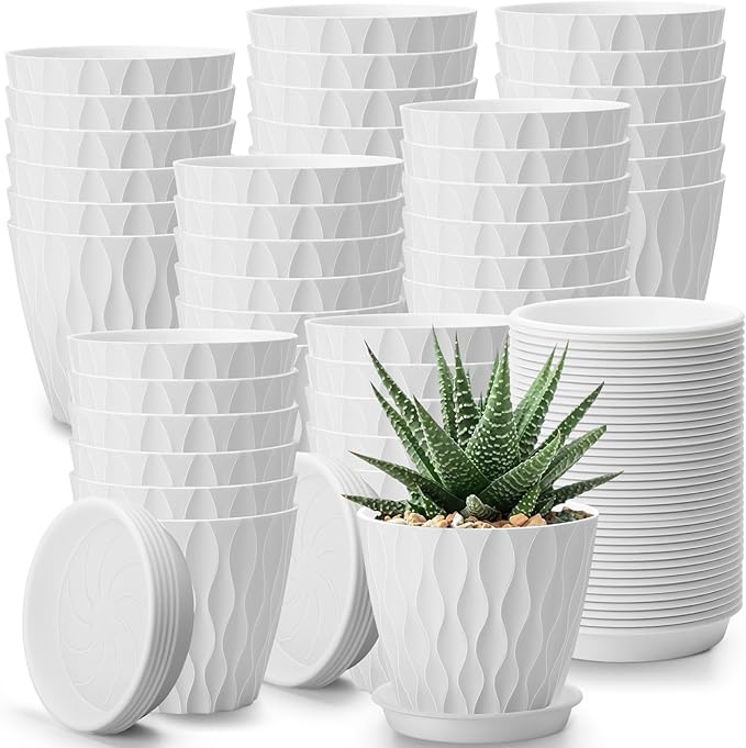 Acellegic 48 Pack 4 Inch Small Pots for Succulents, Waffle Texture Pots with Tray, Plastic Planter with Drainage Holes and Saucers, for Indoor Outdoor Plants Flowers, Seedlings (White)