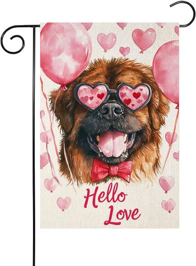 Valentine's Day Tibetan Mastiff Hello Love Garden Flag, House Yard Plaid Love Heart Outside Decoration, Spring Holiday Wedding Anniversary Outdoor Small Decor 12x18(12649)