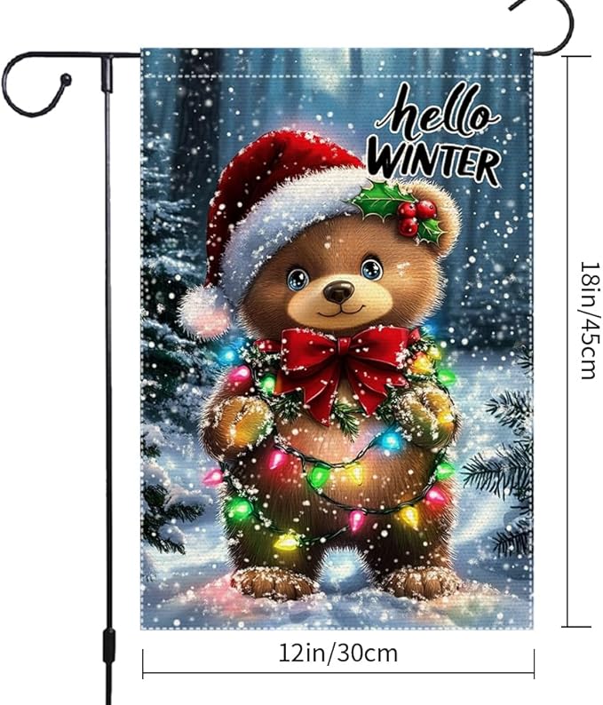 Hello Winter Garden Flag 12x18 Inch Double Sided Burlap Christmas Yard Flag Cute Bear with Lights Holiday Outdoor Small Winter Decorations for Lawn Porch Patio Tree