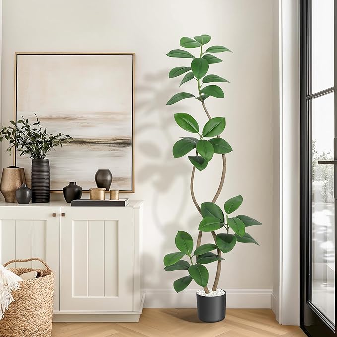 6 ft Artificial Plant Rubber Tree, Large Floor Tree Real Touch, Artificial Plants Indoor Potted with Black Sphere Resin Planter & Stone, Tall Plant Artificial Large Floor