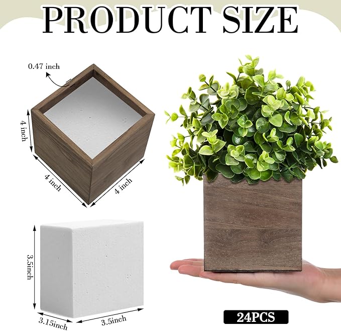 Suzile 24 Set Wooden Planter Box Square Wood Flower 4 Rustic Cube Planter Box with Removable Foam Blocks Liner Brown Square Vase for Home Centerpiece Garden Craft Wedding Farmhouse Decor