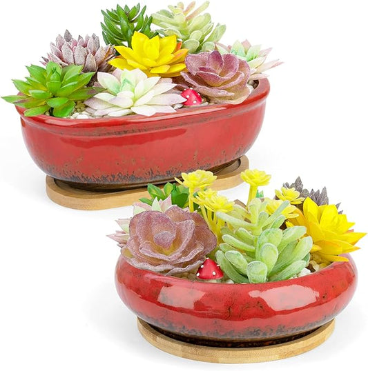 ARTKETTY Succulent Pots, 1 Rectangle Planter + 1 Ceramic Bonsai Pot with Drain Tray, 2 Pack Large Shallow Succulent Planters for Indoor Plants, Round Cactus Flower Plant Pot for Desk Windowsill Decor