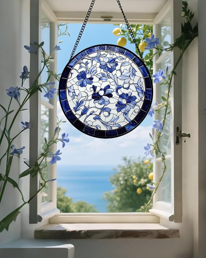 AMDERVEN Stained Glass Window Hanging, Blue and White Abstract Flowers Sun Catcher for Door Home Decor Suncatcher Christmas Mother's Day Birthday Gifts for Women Men Mom and Nana 7.8 in