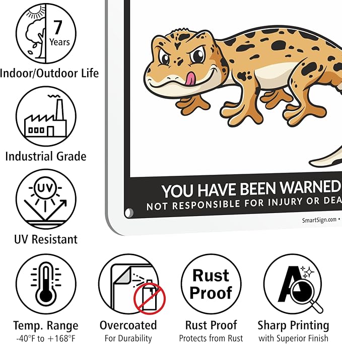 SmartSign Funny Beware Of Leopard Geckos Warning Sign - 10"x7", 40 mil Laminated Rust-free Aluminum - Metal Signs for Wall Decor, Bathroom, Outdoors, Patio, Gifts, Cafe - Geckos Theme, Made in USA