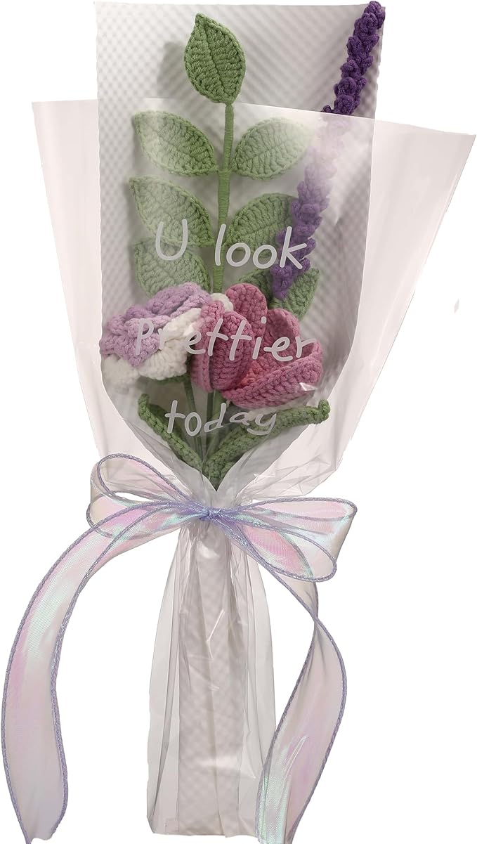 YOOJEE Crochet Purple Ombre Rose Tulip Bouquet Christmas Day Gift - Pet-Safe Handmade Knitted Florals for Women Coworkers Teachers with Greeting Card