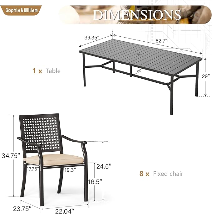 Sophia & William Patio Table and Chairs Set, Outdoor Dining Set for 8, 9 Piece Metal Patio Furniture, 82.7" Black Rectangular Table(Beehive)